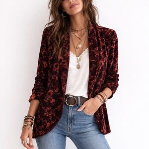 Free People Crinkle Velvet Floral Open Front Blazer Jacket Burgundy Size Small
